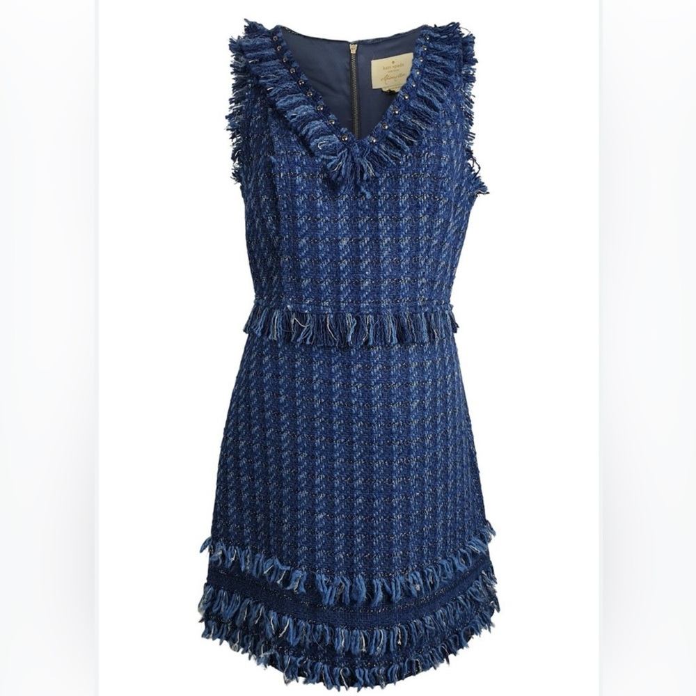 Kate Spade Madison Ave Fringe V-Neck Tweed Jasmeen Metallic Dress Sz 2 Party